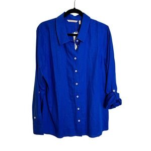 Soft Surroundings Jordan Linen Blend Shirt Size XL Sapphire Blue Roll Tab Sleeve